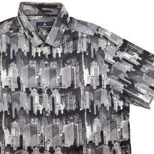 Hart Schaffner Marx NYC Cityscape AOP Short Sleeve Button Shirt Black Mens Large